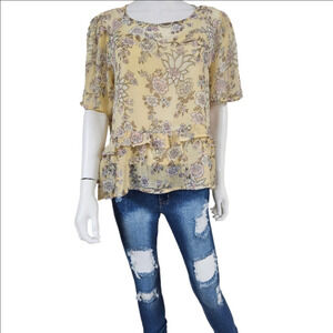 Rabbit Rose Short Sleeve Floral Ruffled Peplum Top Size L